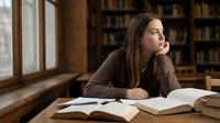 Young woman student studying in library with open books, contemplative learning atmosphere for academic research and education concepts.