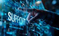 Futuristic digital interface with glowing support text and hand touching virtual screen, perfect for technology support, customer service, or IT solutions background.