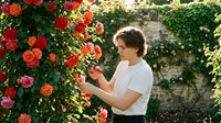Young woman gardener tending to vibrant climbing roses in sunny garden. Professional horticulture and flower care concept for landscaping and botanical hobby content.