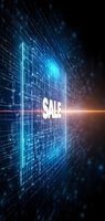 Futuristic digital sale banner with glowing blue circuit pattern and light beam effect against dark background, suitable for online retail promotions.