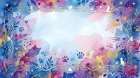 Watercolor pet frame with paw prints and floral elements in purple pink blue tones. Copy space for veterinary clinic posters or animal lover designs.