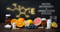 Vitamin E molecular structure with citrus fruits, blueberries and supplements showcasing natural antioxidants and immune system boosters on wooden surface.