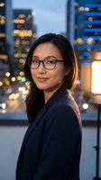 Professional Asian businesswoman in glasses and navy suit smiling confidently against blurred city lights at dusk for corporate and career concepts.