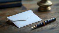 Elegant fountain pen and white envelope on rustic wooden desk with soft natural lighting, creating nostalgic atmosphere for business correspondence.
