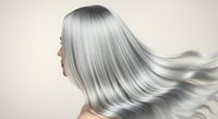 Long silver hair flowing in motion, woman with sleek straight strands and glossy finish. Hair care, salon treatment, and styling concept for beauty and wellness projects.
