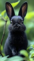 Close-up portrait of black rabbit with long ears among green leaves, looking directly at camera. Soft natural lighting highlights fur texture and curious expression.