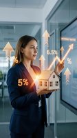Businesswoman holding glowing house model with rising interest rate percentages and upward arrows in modern office, representing real estate investment growth and mortgage rate increases.