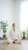 Young blonde woman in white robe meditating in lotus position on wooden floor with plants and stones in bright minimalist room for wellness and mindfulness.