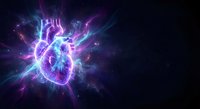 Glowing human heart with electric lightning energy bursts in purple and blue colors on dark background for medical and science concepts.