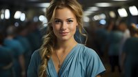 Young Caucasian woman with blonde braided hair and natural makeup wearing light blue blouse smiles warmly at camera in soft lighting with blurred crowd background.