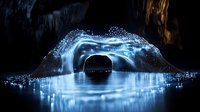 Glowing blue light formation creates magical arch over dark cave water, with sparkling particles floating in air, reflecting on calm surface for mystical atmosphere.