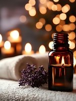 Aromatherapy essential oil bottle with fresh lavender sprigs on white towel, glowing candlelight and bokeh background creates relaxing spa atmosphere.