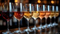 Wine glasses in row showing gradient colors from red to white varieties, backlit on dark bar counter with soft bokeh lights creating elegant atmosphere.