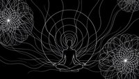 Meditation silhouette with sacred geometry mandala patterns on black background. Spiritual wellness yoga practice with geometric line art elements.