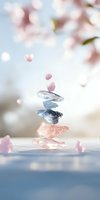 Balanced healing crystals with falling cherry blossom petals against soft blue background, creating serene zen atmosphere for wellness and meditation practices.