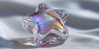 Transparent glass star with holographic rainbow reflections and cosmic sparkles on soft fabric surface for luxury decoration and festive design projects.