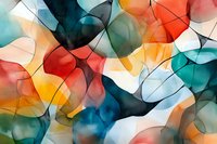 Abstract watercolor background with flowing organic shapes in vibrant teal, orange, red and blue tones creating dynamic translucent layers and curved lines. Artistic fluid pattern.