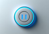 Glowing pause button with neon blue backlight on metallic silver surface creates modern minimalist design element for multimedia and interface projects.