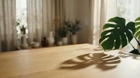 Wooden table with monstera leaf casting natural shadow, sunlit interior with curtains and potted plants in soft focus background.