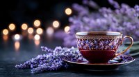 Vintage teacup with lavender flowers and glowing bokeh lights on dark background creates serene atmosphere for relaxation and mindfulness moments.