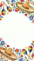 Mexican fiesta frame with sombrero hats, maracas and colorful folk art flowers on white background for Cinco de Mayo celebration design.