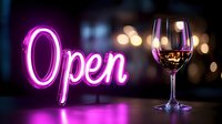 Neon open sign glowing pink with wine glass on bar counter, nightlife restaurant concept for hospitality business marketing and promotional materials.
