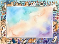 Watercolor frame with cute cats, paw prints, flowers, and stars surrounding a soft pastel blue and peach center, tiles as a single background.