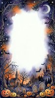 Watercolor Halloween frame with spooky graveyard, jack-o-lanterns, bats, cobwebs, and haunted church, featuring a white center copy space.
