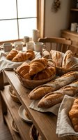Fresh baked croissants and artisan bread loaves displayed on rustic wooden table in warm sunlit kitchen setting for bakery cafe restaurant food service.