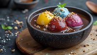 Colorful mochi ice cream balls in chocolate sauce with sesame seeds and mint garnish served in dark ceramic bowl on wooden board for dessert menu.