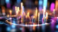 Young male investor analyzing stock market data with holographic financial charts and glowing candlestick graphs for trading, investment analysis, and business growth concepts.
