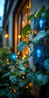 Green ivy leaves against illuminated wall with digital light bulb icons and glowing string lights creating magical evening atmosphere for technology concept designs.