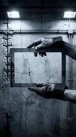 Hands holding blank frame in dark industrial basement with concrete walls and dramatic lighting for mystery thriller design concepts.