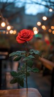 Single red rose bloom with water droplets on leaves against blurred bokeh lights background, creating romantic evening atmosphere. Perfect for Valentine's Day designs.