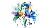 Young male scientist in lab coat with colorful watercolor splashes and scientific elements for research and innovation concepts.