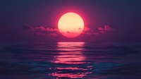 Dramatic sunset over ocean with vibrant pink and purple hues, glowing sun reflecting on rippling water surface against dark cloudy sky. For wall art and mood designs.