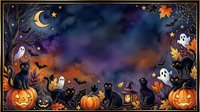 Spooky night scene with jack-o-lanterns, black cats, ghosts, and autumn leaves against a starry sky with crescent moon. Halloween celebration artwork.