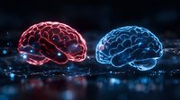 Glowing red and blue brain models with neon effect on dark reflective surface, depicting artificial intelligence and cognitive science concepts.