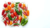 Assorted fresh chili peppers and bell peppers in red, orange, and green varieties arranged on white background for culinary and food design projects.