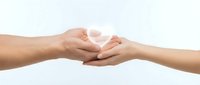 Two hands gently holding glowing heart symbol representing love, care, compassion and human connection on white background for healthcare designs.