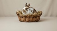 Spotted rabbit with brown and white fur sitting in woven basket filled with hay on neutral background for Easter, pet, and animal content.