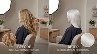 Professional hair transformation showing blonde to platinum silver color change in modern salon setting with before and after comparison results.