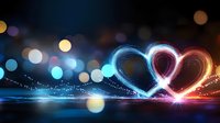 Glowing neon hearts intertwined against dark background with bokeh lights and sparkles, romantic atmosphere with blue and pink light trails creating magical effect.