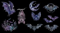 Watercolor bat clipart set with gothic moon, floral, and ornamental designs, isolated on transparent background. Great for Halloween t-shirts, stickers, and print on demand.