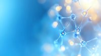 Glowing blue molecular structure with connected nodes against blurred bokeh background, illustrating scientific research and technological innovation.