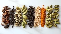Aromatic spices and herbs arranged in rows on white marble surface including cinnamon, black pepper, cardamom pods, white peppercorns and turmeric powder.
