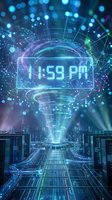 Futuristic digital clock displaying time in glowing holographic interface with data streams and bokeh lights over cyber city landscape for tech concepts.