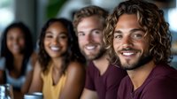 Diverse group of young professionals smiling during casual office meeting, showing teamwork and collaboration in modern workplace environment. Focus on positive workplace culture.