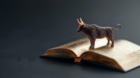 Small brown bull figurine standing on open vintage book pages against dark background, creating mystical literary atmosphere. Suitable for education and storytelling concepts.