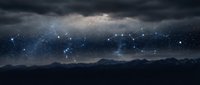 Constellation network connecting bright stars above mountain silhouette under dramatic stormy sky with glowing nodes and digital connections for technology concepts.